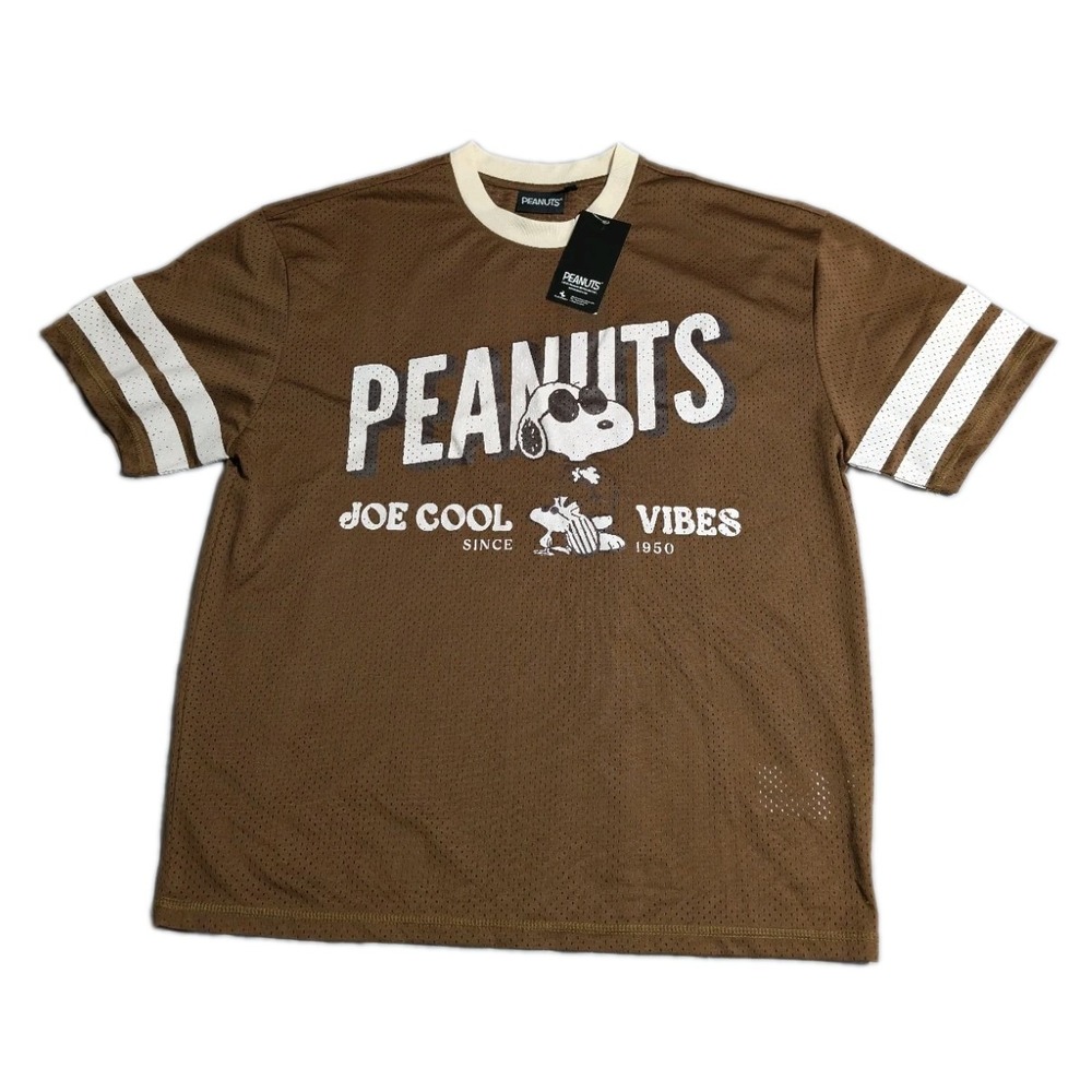Peanuts Snoopy Joe Cool Mens M Brown Mesh Football Jersey Graphic Shirt NWT
